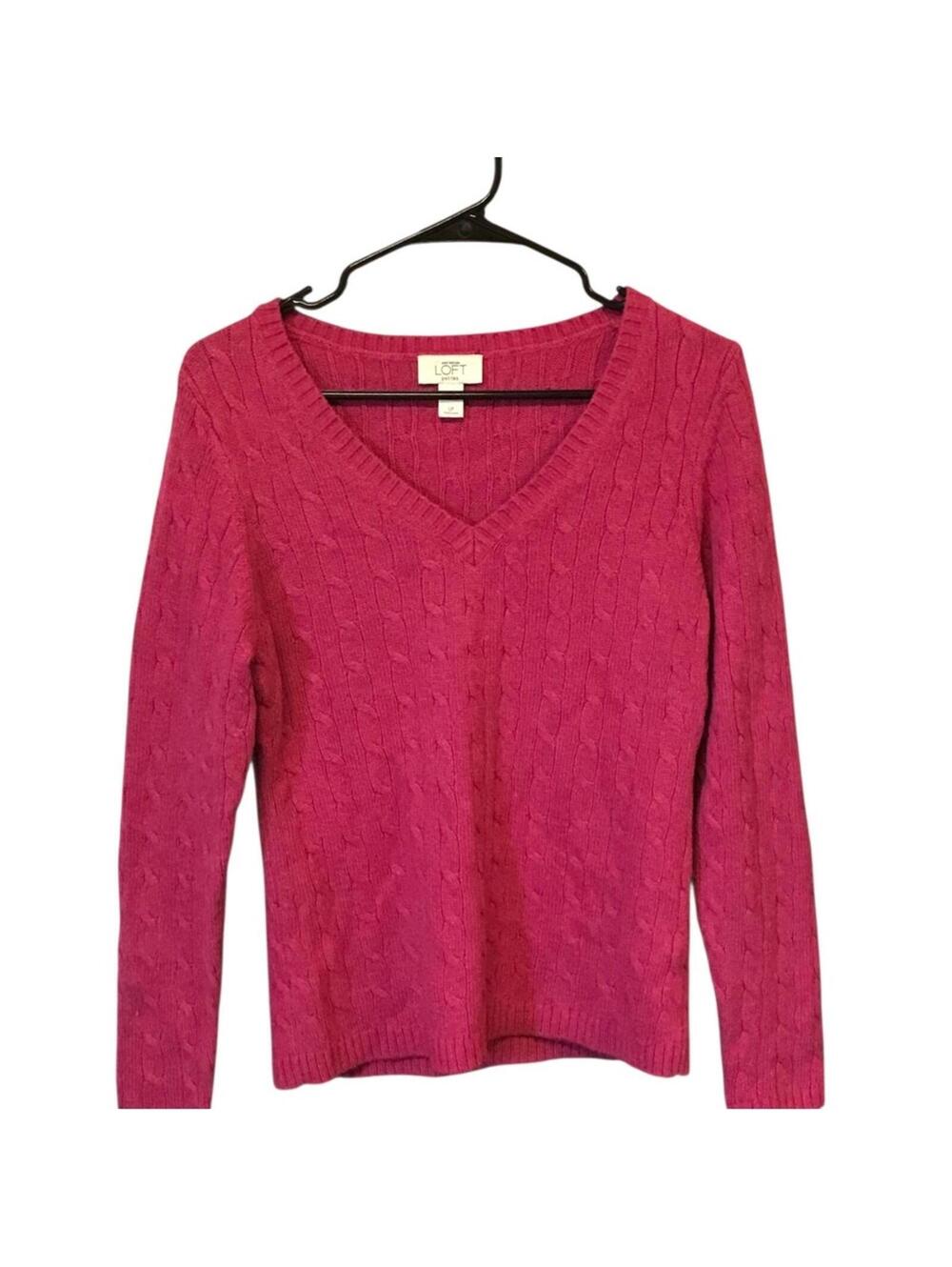 Ann Taylor LOFT Petites LP Pink Cable Knit V-Neck Rabbit Hair Blend Sweater